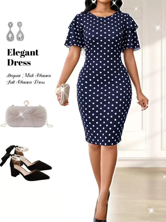 navy blue polka dot flutter sleeve sheath dress