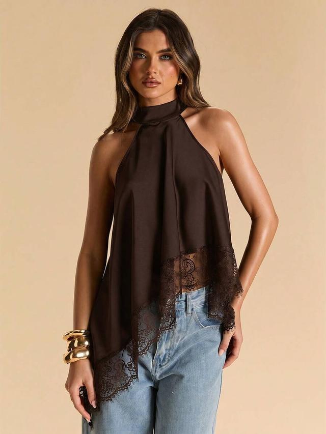 dark brown satin halter top with lace trim