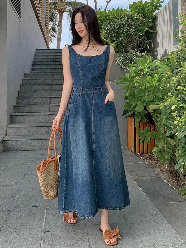 casual denim pinafore maxi dress