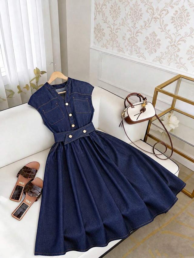 Dark Wash Denim Midi Dress with Button Front