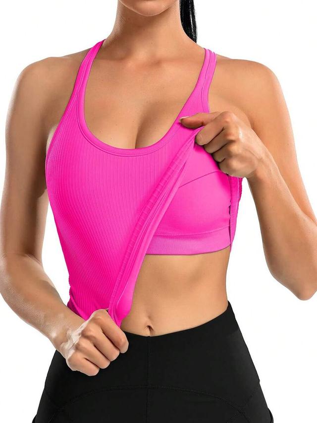 women's solid color padded round neck sports tank top