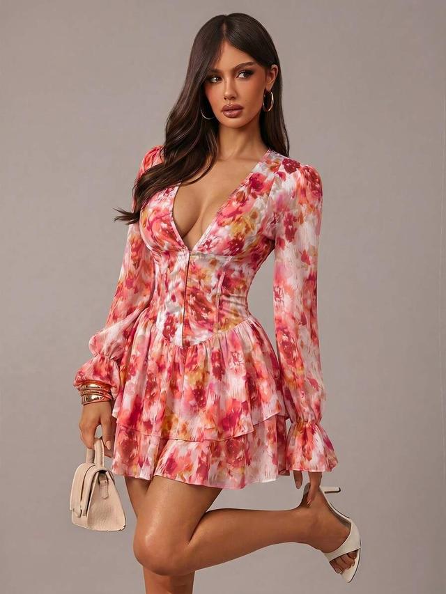 floral v-neck fitted bustier mini dress