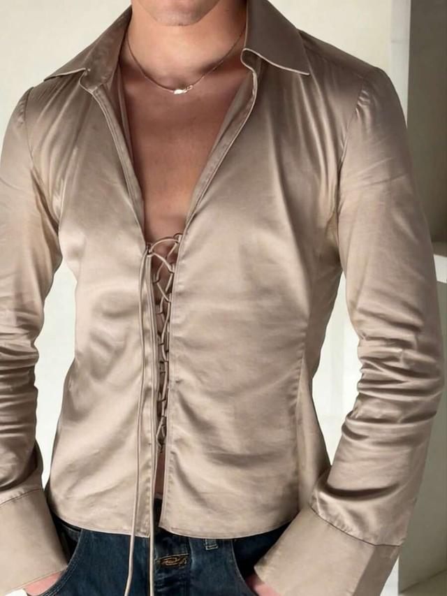 minimalist champagne satin front tie long sleeve shirt