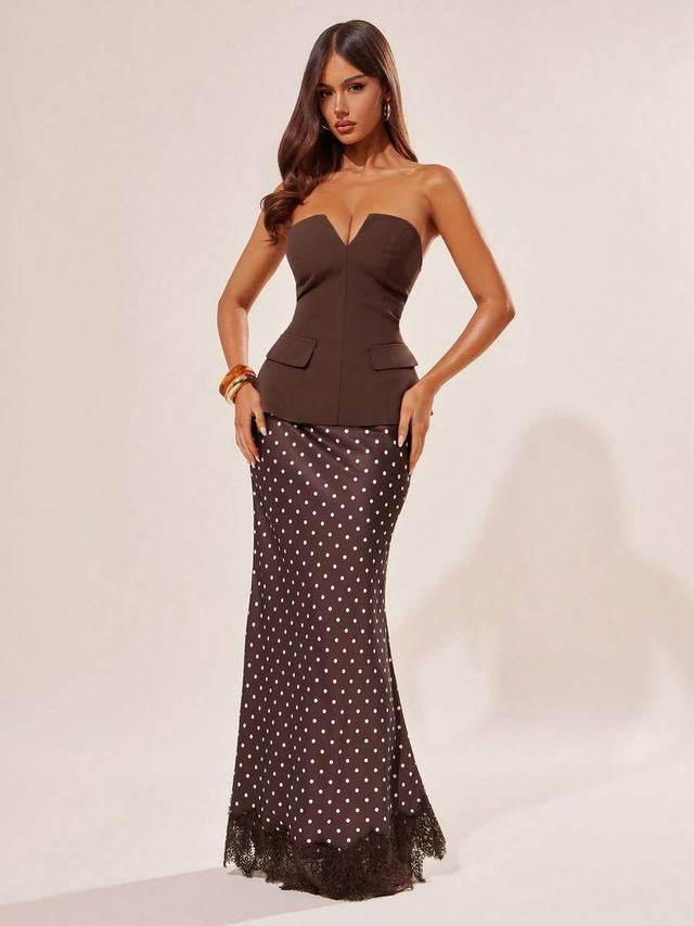 brown and white polka dot strapless skirt set