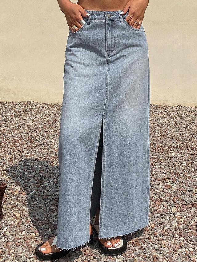light wash denim midi skirt with front slit