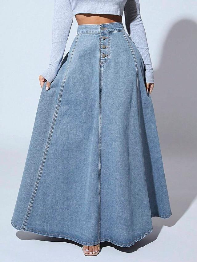 high-waisted button-front denim maxi skirt