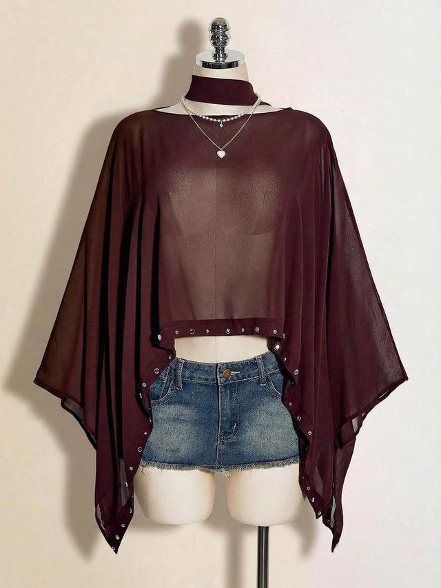 burgundy sheer chiffon batwing loose fashion top