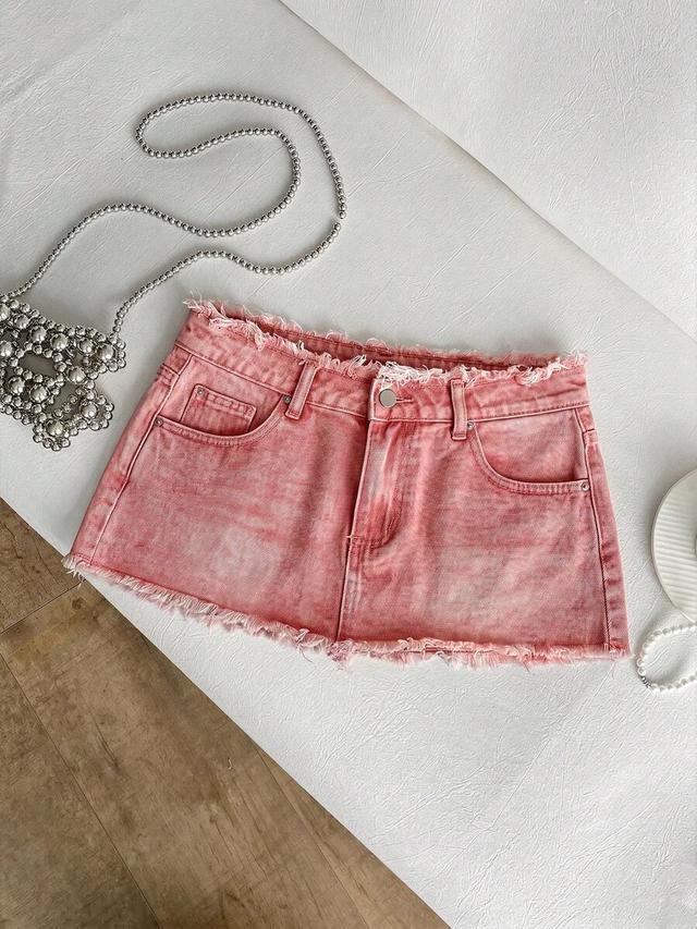 pink acid wash denim mini skirt with frayed hem