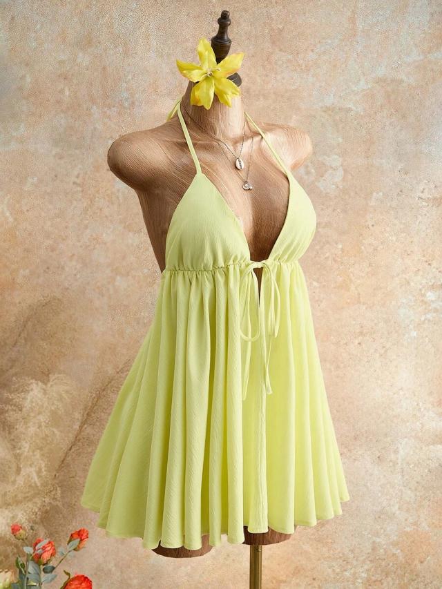 light yellow halter neck gathered mini dress