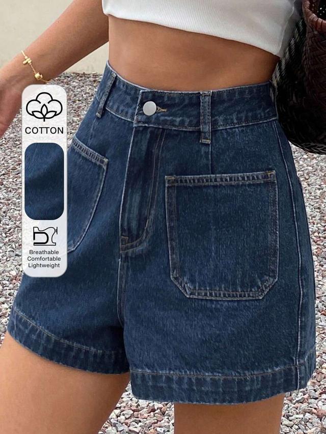 casual dark wash denim shorts with patch pockets