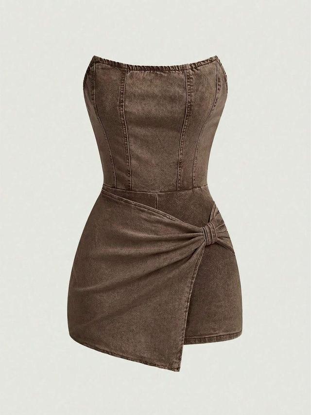 brown tube top denim jumpsuit