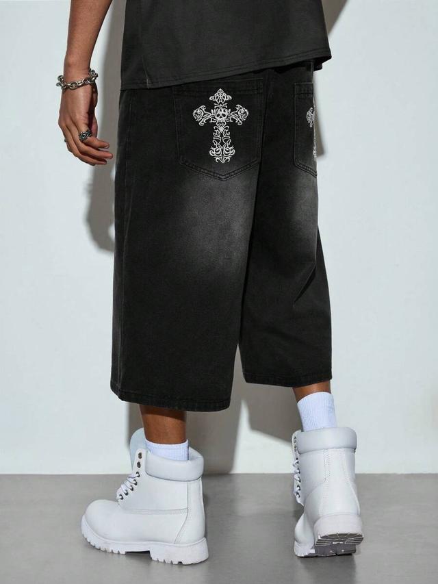 dark black washed gothic embroidered loose denim shorts