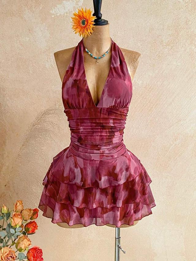 printed halter neck tiered ruffle mini dress