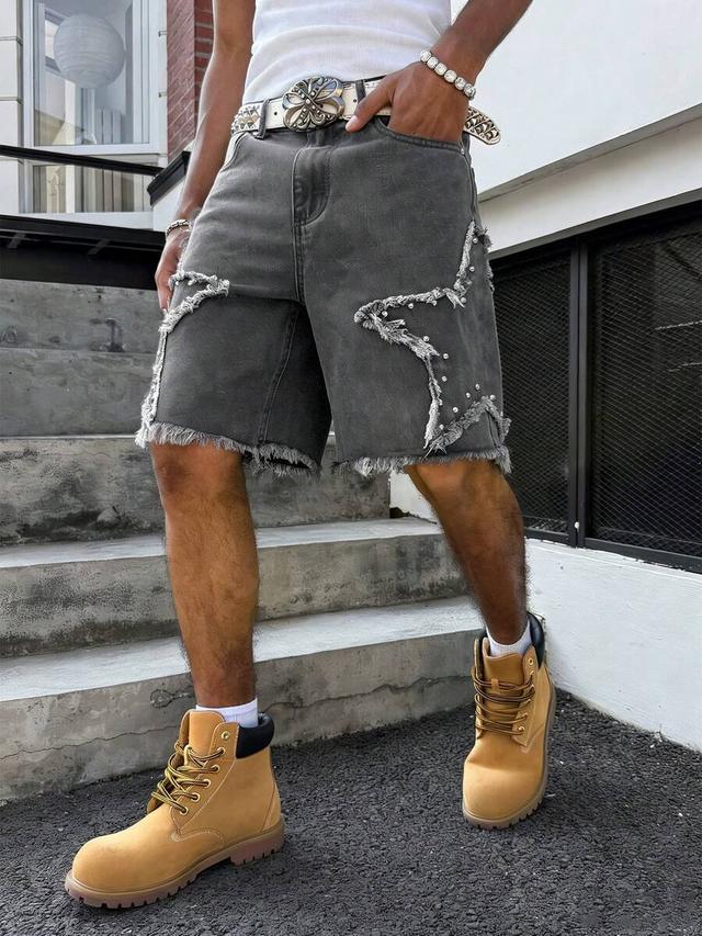 grey denim bermuda shorts with star patch and rivets