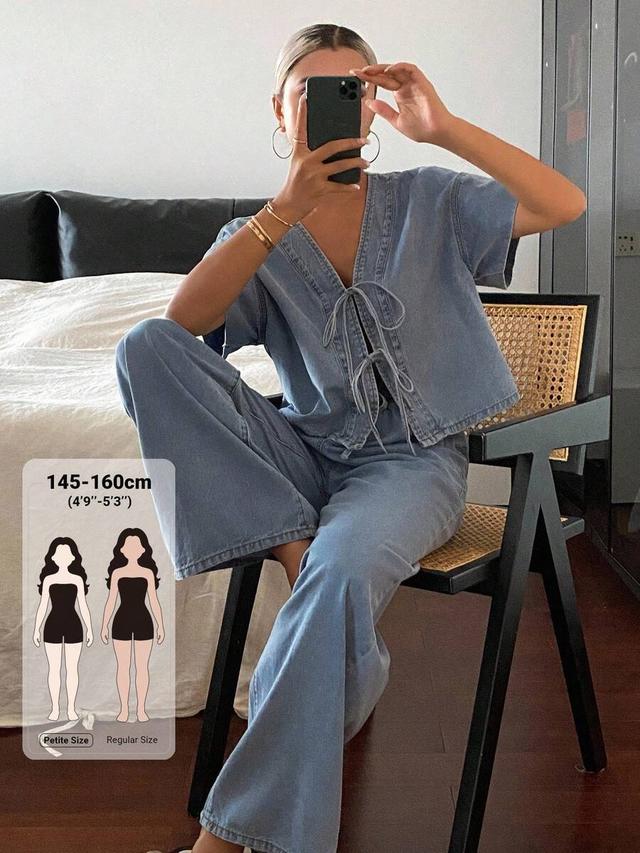 petite women's front tie denim shirt and pants set