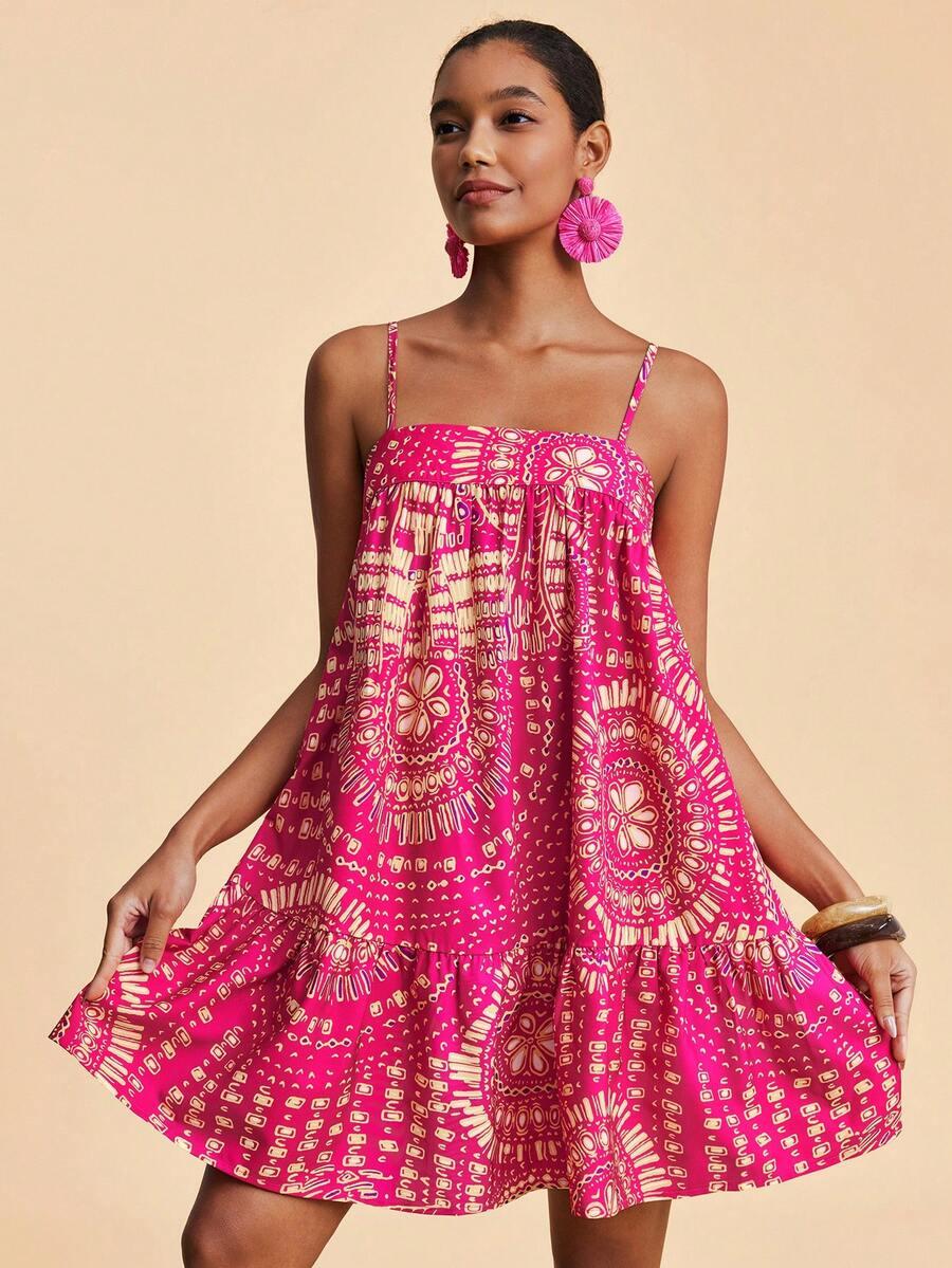 pink floral printed camisole mini dress