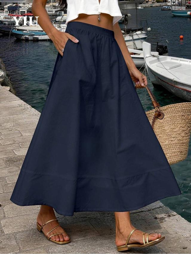 navy blue a-line maxi skirt with pockets