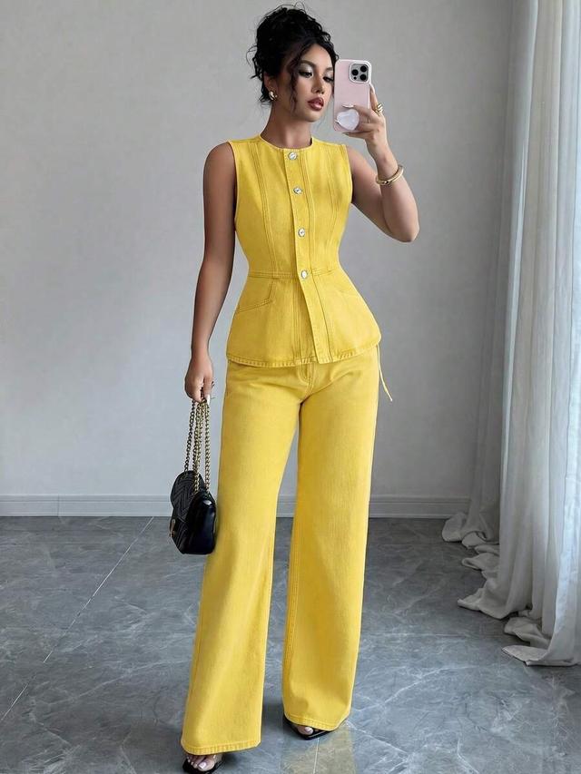 yellow sleeveless denim button-down top and trousers set