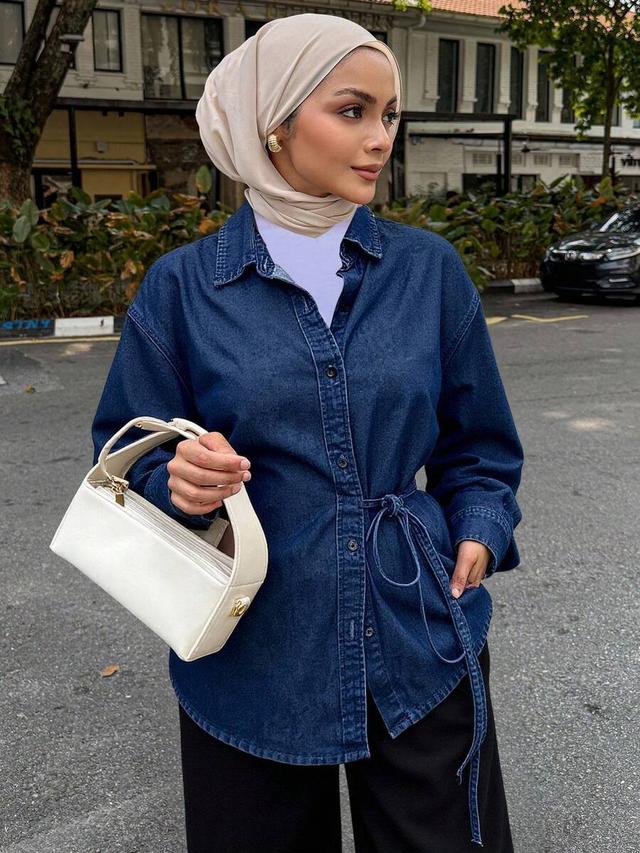 dazy women's solid color tie waist denim blouse