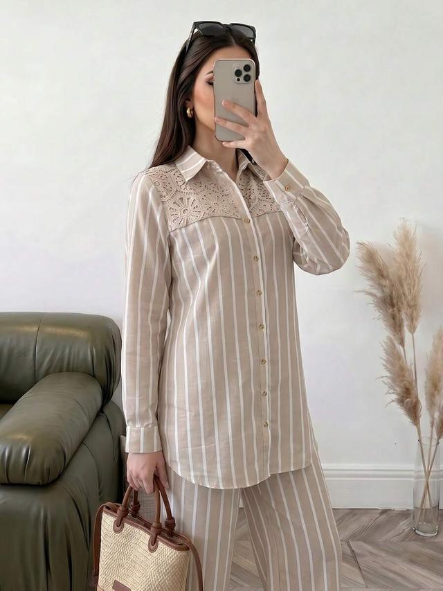 beige striped button-down shirt with lace yoke