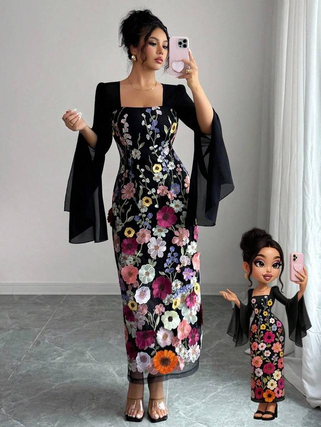 elegant black floral embroidered patchwork long sleeve dress