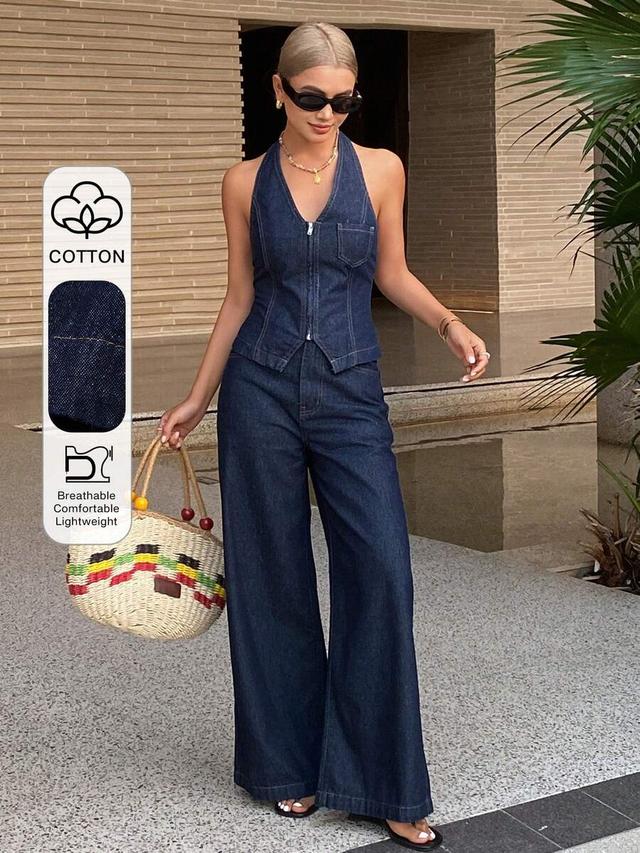 dark wash denim halter vest and matching wide-leg trousers
