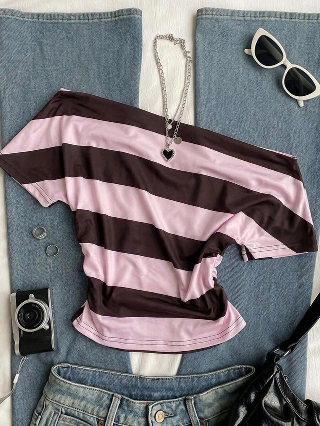 striped knit off-shoulder short sleeve t-shirt