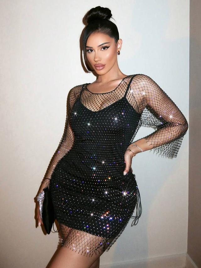 rhinestone embellished mesh bodycon mini dress