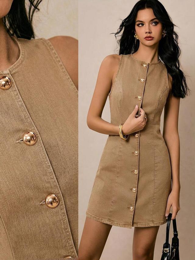 tan cotton twill button-front sleeveless mini dress