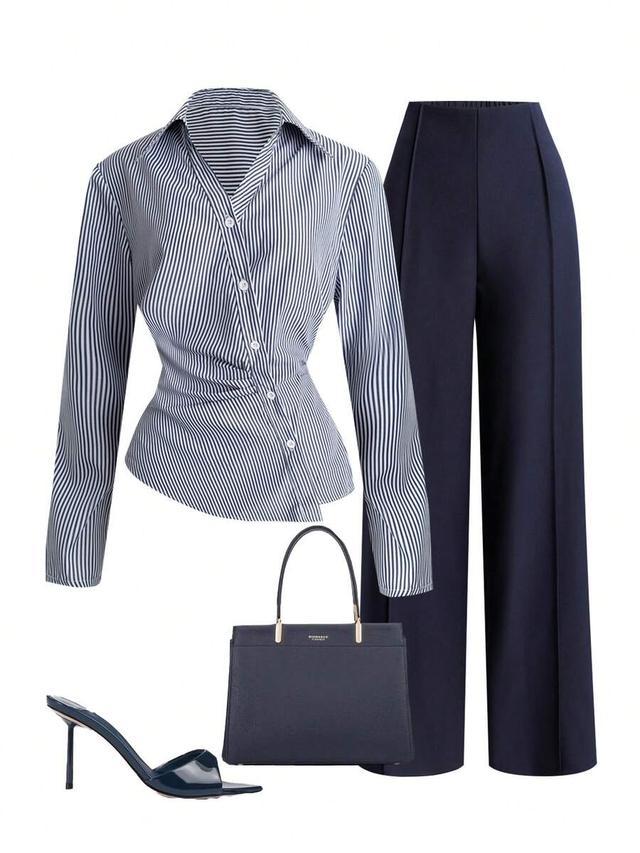 navy blue and white striped oblique button shirt