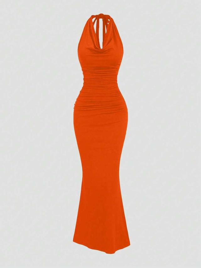 orange halter plunging neck fitted mermaid dress