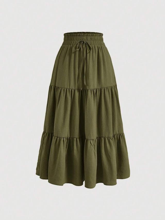 olive green textured ruffle hem midi skirt