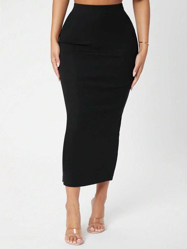 solid black high waist slim fit midi skirt