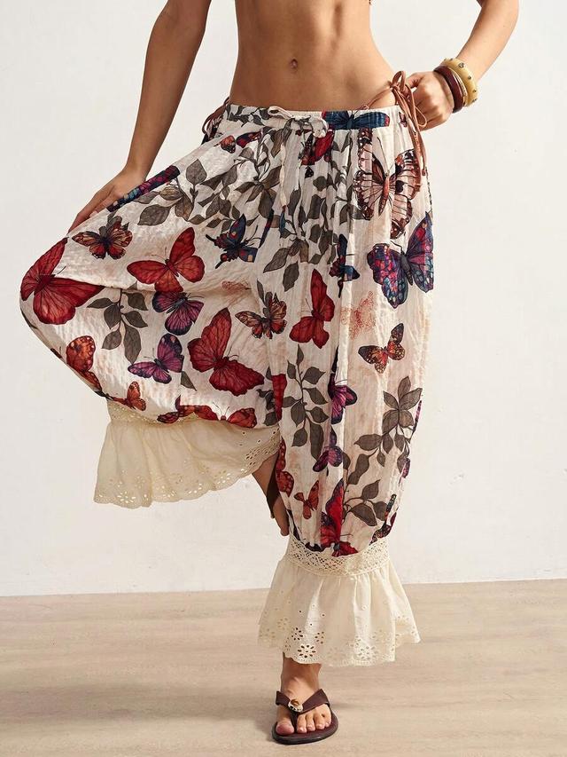 boho printed loose woven pants with eyelet lace hem