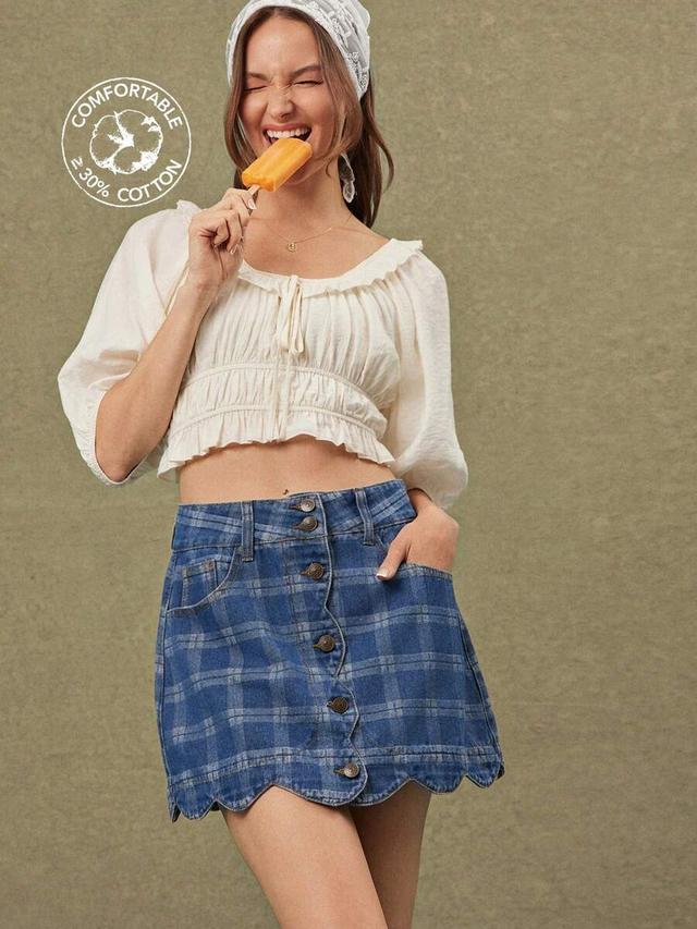 high waist scalloped plaid button front denim mini skirt