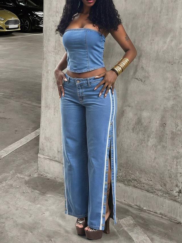 denim bustier top and side button wide leg jeans set