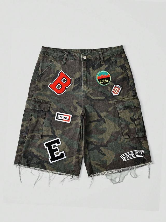 y2k camo cargo denim shorts with embroidered patches