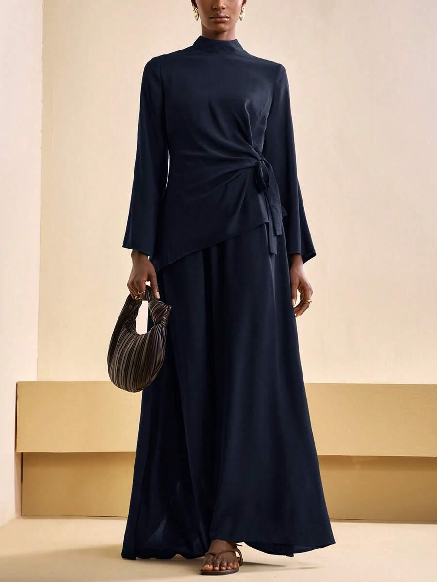navy blue modest flare sleeve tie-waist coord set