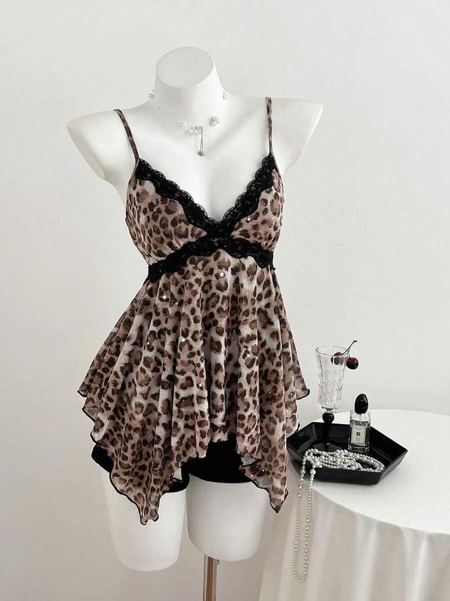 leopard print lace trim asymmetric hem tank top