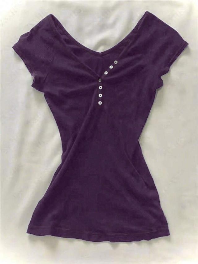 purple ribbed short sleeve button front casual top