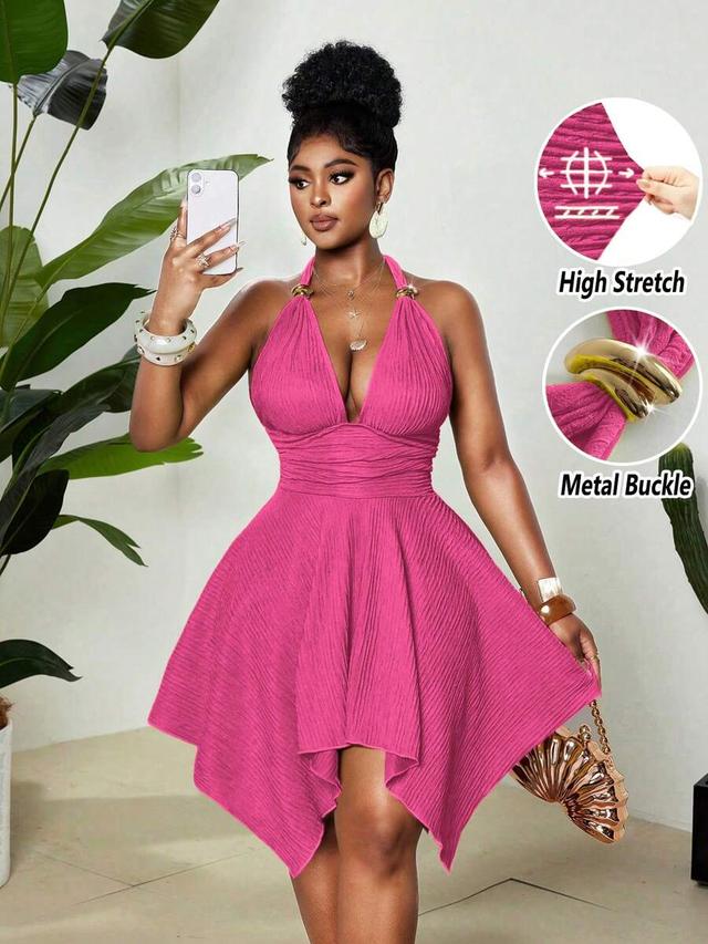 fuchsia pleated halter neck dress with metal hardware