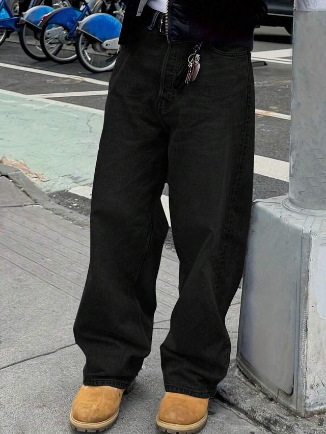 men straight leg washed black cotton denim jeans