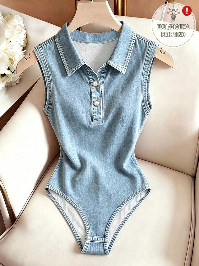 sleeveless light wash denim collared button-up bodysuit