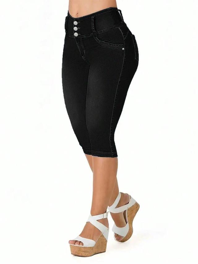 women's black high-waisted button-front denim pants