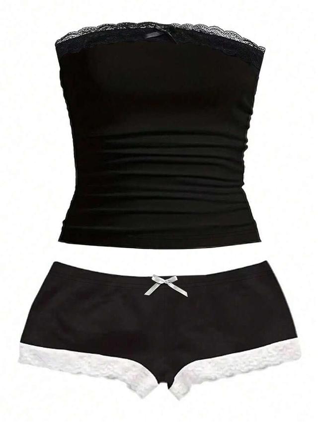 ladies contrast lace camisole and shorts set
