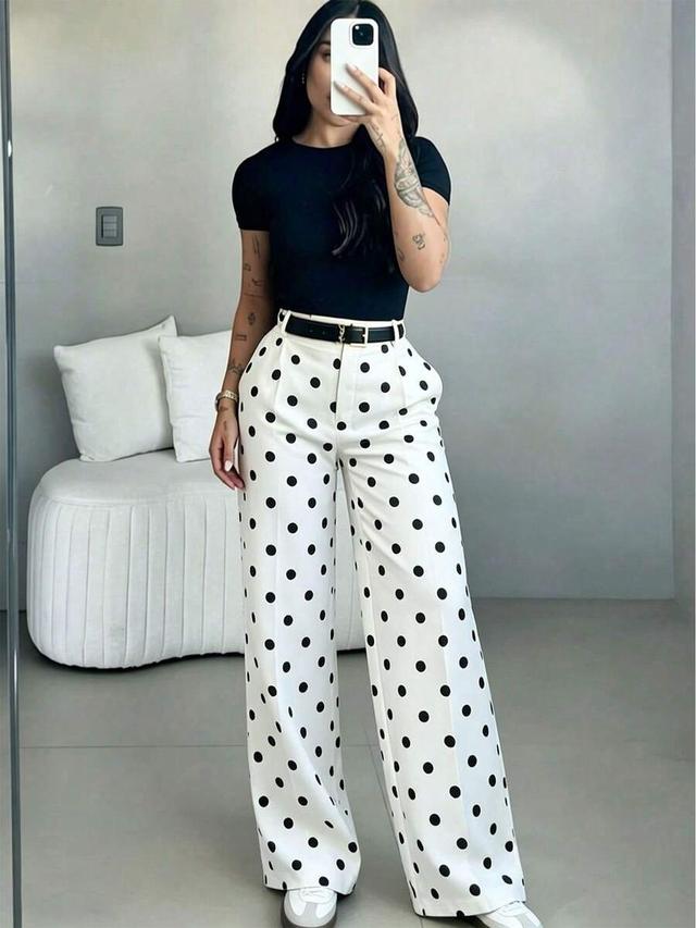 women's white polka dot high waist wide leg pants