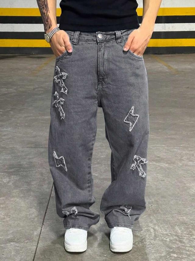 grey embroidered loose fit denim jeans