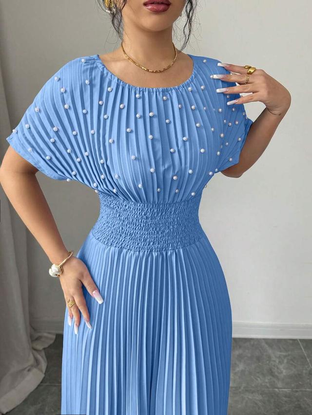 elegant blue pleated faux pearl beaded waist dress