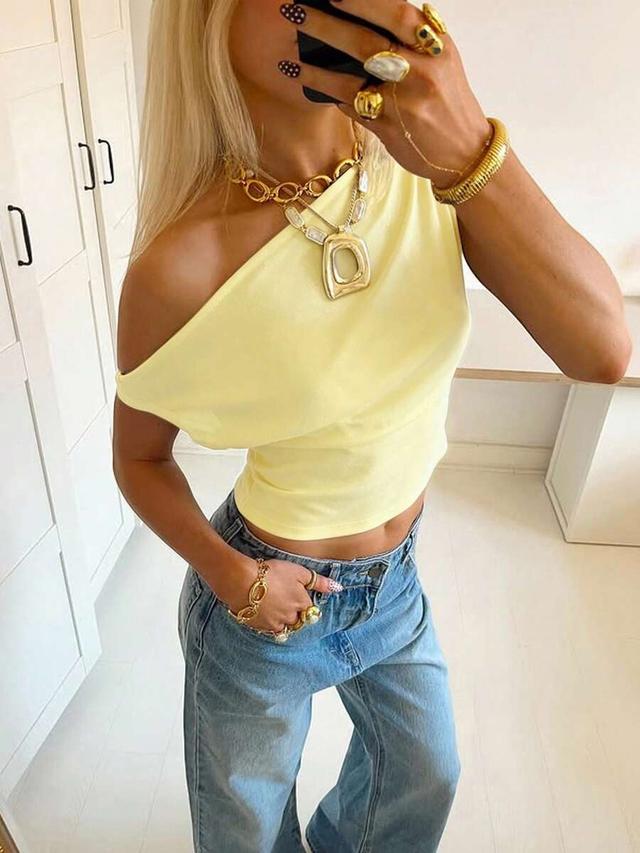 siren gaze yellow asymmetric neck ruched cropped top
