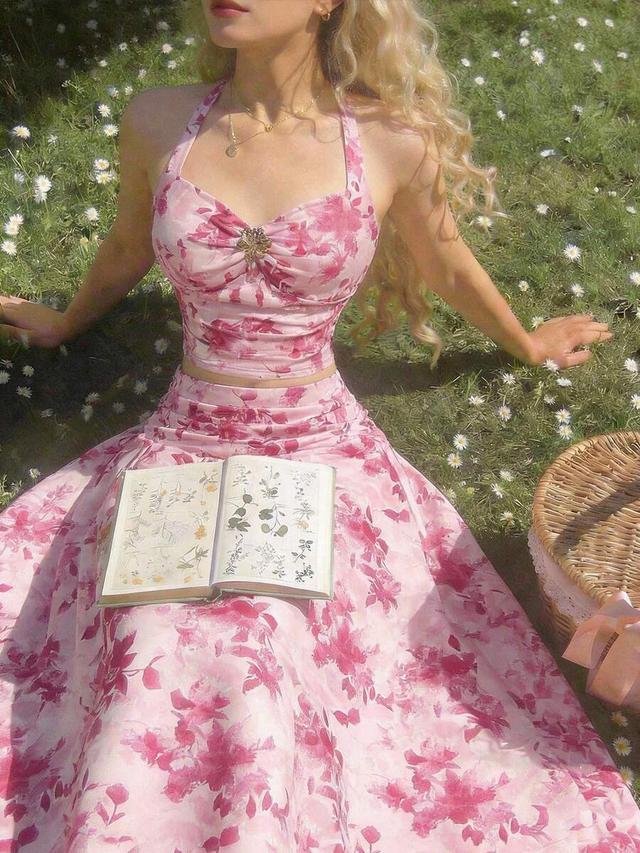 pink floral halter top and midi skirt set